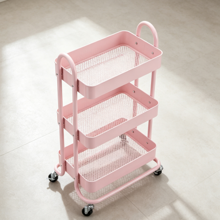 Dusty Pink 3-Tier Metal Rolling Cart Lockable Wheels
