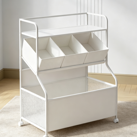 White 3-Tier Kids Toy Storage Organizer with Wheels Fabric Boxes
