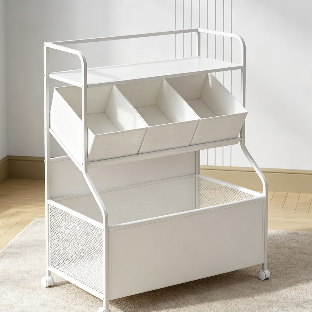 White 3-Tier Kids Toy Storage Organizer with Wheels Fabric Boxes